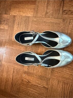 Topshop Metallic Silver T-Strap Heels